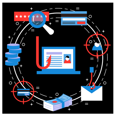 Phishing and fraud - vector illustration for hacking and cyber crimes. Flat style. For web and paper ads. Hacker attack, spam, password stealing concept.のイラスト素材