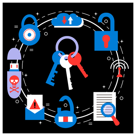 Keys and locks - vector concept for hacking and computer intruding. Flat style. For web and paper ads. Hacker attack, spam, phishing illustration.のイラスト素材
