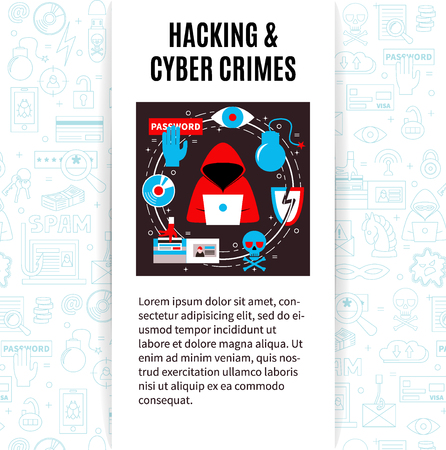 Computer security and hacking. Vector template with hacker's activity illustration, title and place for your text. Flat style. For web and paper advertising. PC safety illustration.のイラスト素材