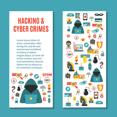 Hacking and cyber crime - vertical vector banner template with icons of gadgets and hacker's activities, title and place for your text. Flat style. For web and paper ads. Hacker attack illustration.のイラスト素材