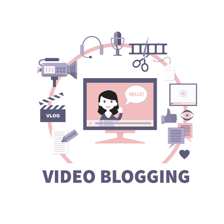Videoblogging. Vector illustration for social media and modern communications. Concept for digital online blog, video marketing, blogger's work. Flat design. Isolated on white.のイラスト素材