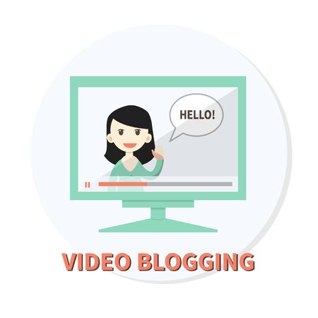 Vector illustration of online video vlogger. Flat design. Woman with speech bubble on computer screen. Concept for videoblogging, modern media or online learning.のイラスト素材