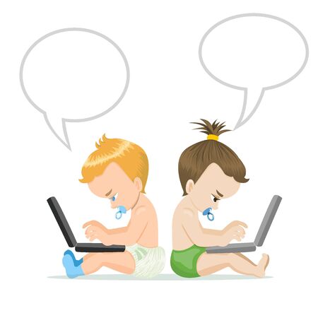 Two little babies with laptops and speech bubbles. Children playing computer games, chatting or learning. Vector illustration. Cartoon characters.のイラスト素材