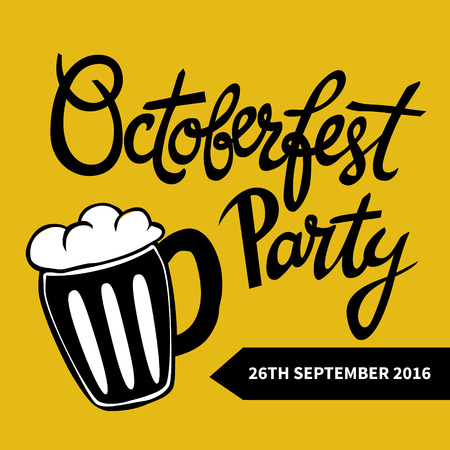 Hand-written typography poster with quote Octoberfest Party and hand-drawn mug of beer. Yellow-black design. Hand-lettering vector illustration. Could be used for banners, cafe or pubs adv,flyers etc.のイラスト素材