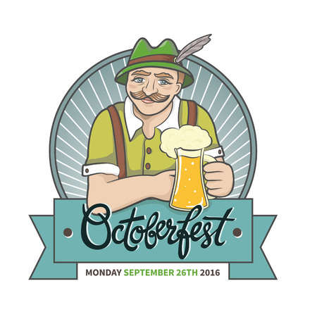 Bavarian man with moustache and alpine hat holds beer mug. Vector art in cartoon style with banner and hand-lettering text.  Octoberfest illustration, beer label with ribbon and place for text.のイラスト素材
