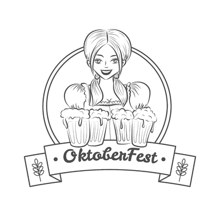 Young pretty girl wearing bavarian costume holds mugs of beer. Monochrome vector art, cartoon style, isolated on white. Octoberfest illustration. Could be used for banner, advertising or poster.のイラスト素材