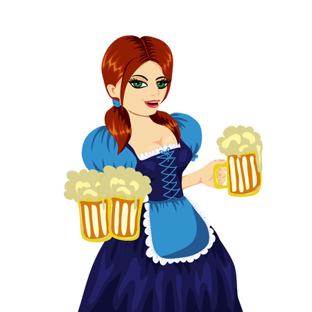 Young pretty girl wearing bavarian costume holds mugs of beer. Vector art, cartoon style, isolated. Octoberfest illustration. Could be used for banner, advertising or poster.のイラスト素材