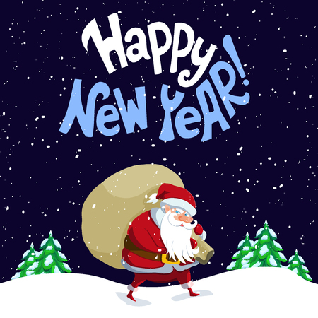 Happy New Year. Vector illustration with hand lettering quote and Santa Claus holding a big sack. Great choice for gift or greeting cards, poster or banner.のイラスト素材