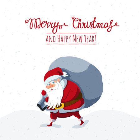 Santa Claus with big sack dropping the gifts. Christmas or New Year holiday art. Vector illustration. Great choice for gift or greeting cards, poster or banner.のイラスト素材