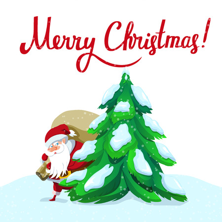 Santa Claus with big sack dropping the gifts. Christmas or New Year holiday art. Vector illustration. Great choice for gift or greeting cards, poster or banner.のイラスト素材