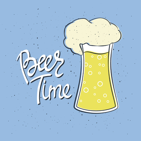 Beer Time. Hand-lettering typographic poster. Colorful vector art. Hand-written text with illustration of glass of beer. Could be used for Oktoberfest advertising, posters, t-shirts design, flyers etcのイラスト素材