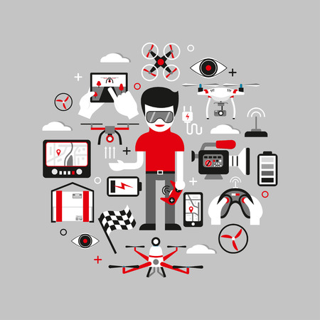 Vector round graphic concept with air drones, remote controles and other items. Modern design, flat elements. Illustration for advertising, banners; web design, broshures etc.のイラスト素材