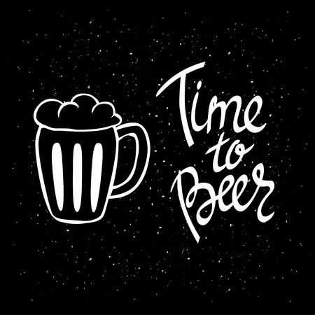 Time to Beer. Hand-lettering typographic poster. Monochrome vector art. Hand-written text with illustration of beer glass. white on black. Could be used for Oktoberfest advertising, posters, t-shirts design, flyers etcのイラスト素材