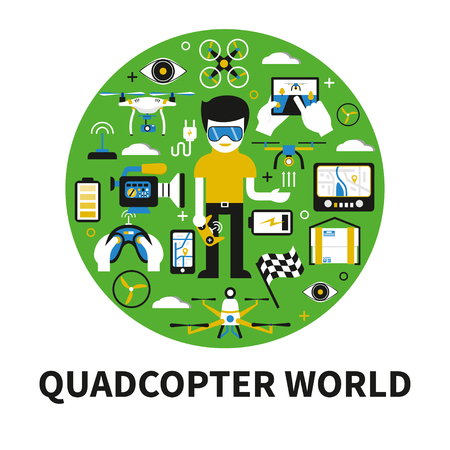 Vector round graphic concept with air drones, remote controles and other items. Modern design, flat elements. Illustration for advertising, banners; web design, broshures etc.のイラスト素材