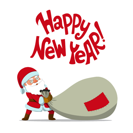 Santa Claus dragging a big sack and hand lettering quote "Happy New Year!" Vector illustration. Great choice for gift or greeting cards, poster or banner.のイラスト素材
