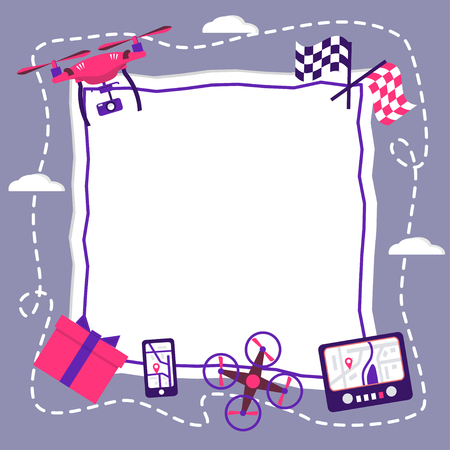 Cute violet vector decorative background frame with quadcopters, flags, gadgets and other elements. Place for text or photo. Concept for greeting cards, invitation, photo frame, banner, scrapbook.のイラスト素材