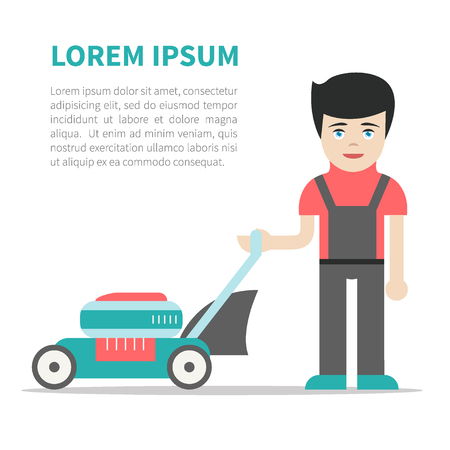 Cute young man wearing working robe with lawn mower. Backyard jobs. Vector art. Flat design isolated on white. For advertising, web-design, blogs, social media and promotional materials.のイラスト素材