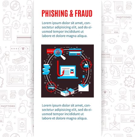 Phishing and fraud. Vector template with hacker's activity illustration, title and place for your text. Flat style. For web and paper advertising. PC safety illustration.の写真素材