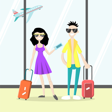 Happy attractive couple in airport. Smiling man with luggage and a girl holding tickets. Vector illustration. Cartoon style. Flat character. Isolated background.のイラスト素材