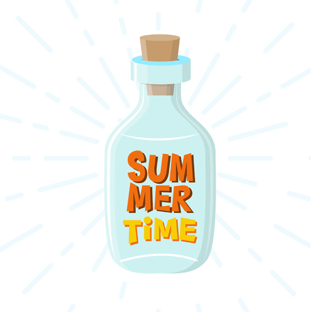 Cute typography poster with bottle and hand drawn quote "Summer Time". Vector illustration. Design for greeting cards, souvenirs, t-shirts etc.のイラスト素材
