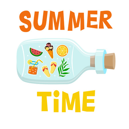 Typography poster with glass bottle with summer stickers inside and quote "Summer Time". Colorful vector illustration. Design for greeting cards, t-shirts etc.のイラスト素材