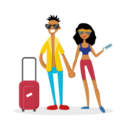 Happy attractive couple on summer vacation. Man with suicase and woman holding tickets. Vector illustration. Cartoon style. Flat character isolated on white.のイラスト素材