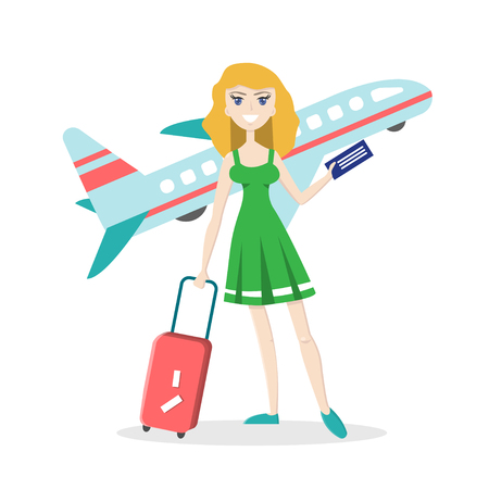 Smiling young girl with travel luggage on isolated background with airplane. Flat character. Vector illustration in cartoon style. Summer vacation concept.のイラスト素材