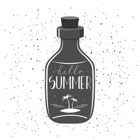 Typography grunge poster with glass bottle and hand drawn quote "Hello Summer". Monochrome vector illustration. Design for greeting cards, t-shirts etc.のイラスト素材