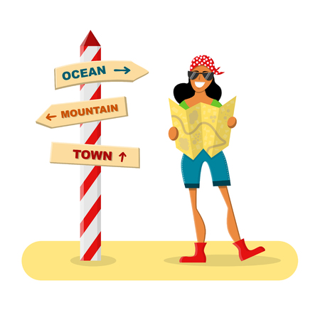Smiling female traveler holding a map next a road sign. Vector illustration isolated on white. Summer adventure, exploring and active leisure.のイラスト素材