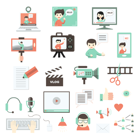 Modern set of vector flat icons for video blog and digital online media. Vlog and social media infographic elements. For web design, mobile app and e-learning advertising. Isolated on white.のイラスト素材