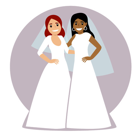 Beautiful lesbian couple in white wedding dresses. Same-sex family. Gay marriage. Two brides on isolated background. Vector art. White slhouettes. For wedding invitation, Save the Date cards etc.のイラスト素材