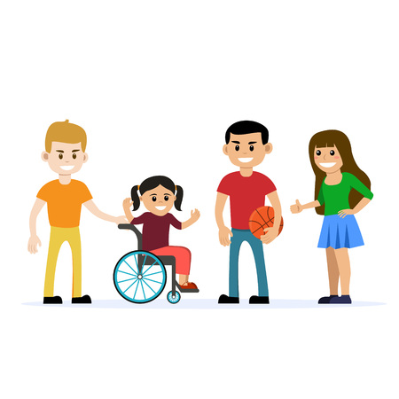 Disabled young girl in wheelchair playing and having fun with her friends. Cartoon vector characters. Isolated background. Concept for lifestyle and opportunities for people with disabilityのイラスト素材