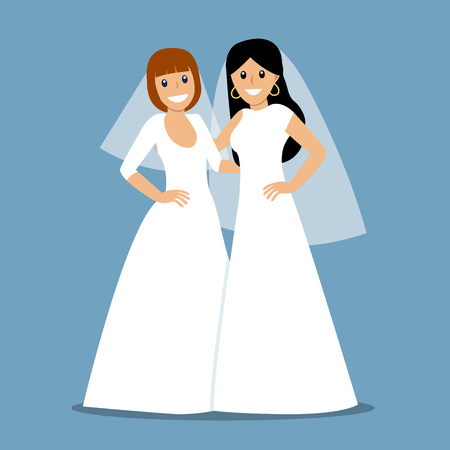 Beautiful lesbian couple in white wedding dresses. Same-sex family. Gay marriage. Two brides on isolated background. Vector art. White slhouettes. For wedding invitation, Save the Date cards etc.のイラスト素材