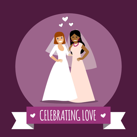 Beautiful lesbian couple in white wedding dresses. Same-sex family. Gay marriage. Two brides on isolated background. Vector art. White slhouettes. For wedding invitation, Save the Date cards etc.のイラスト素材
