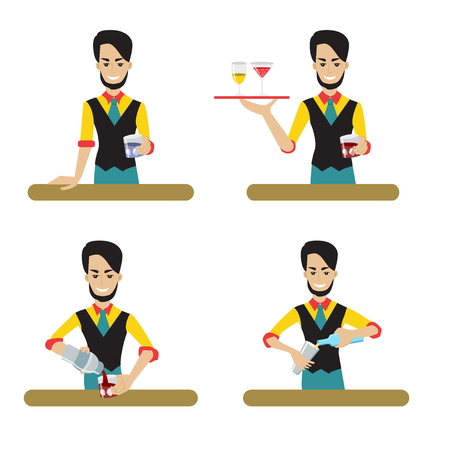 Set of male bartender character serving the alcohol. Vector illustration, flat style.Young man the barkeeper holding the tray with the glasses and pouring the drinks.のイラスト素材