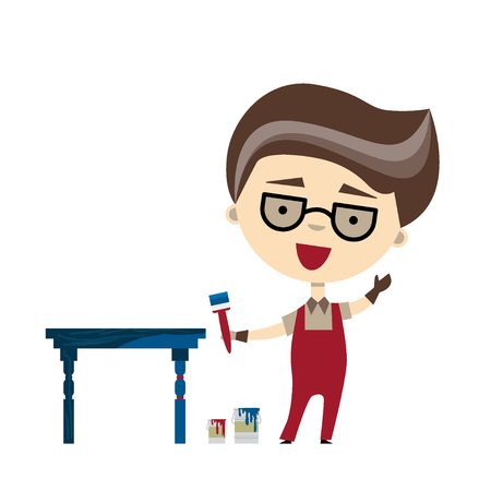 Young caucasian handyman in overall holding a brush, renewing and painting the old table. Vector illustration isolated on white. Concept for furniture repairing, restoring business.のイラスト素材