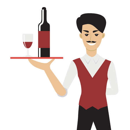 Vector illustration of young caucasian man with moustache - a waiter or a steward - holding a tray with bottle and a glass of wine. Flat cartoon character.のイラスト素材