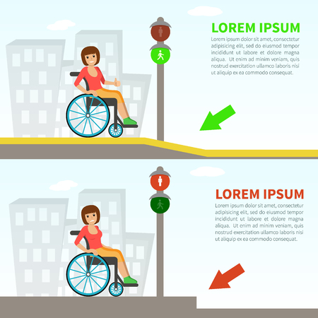 Young woman in a wheelchair on the pavement with ramp and without. Concept for barrier free environment for physically challenged people. Vector illustration. Flat design.のイラスト素材