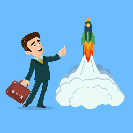 Young businessman with briefcase pointing up and space rocket launch. Vector illustration. Cartoon style. Concept for new oportunities, startup, partnership, future success, innovation, career, growthのイラスト素材