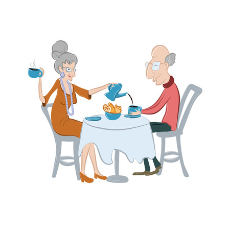 Lovely old couple drinking coffee or tea. Senior people have a coffee break. Vector illustration. Cute elderly characters in cartoon style. Concept for five'o'clock ot tea time.のイラスト素材