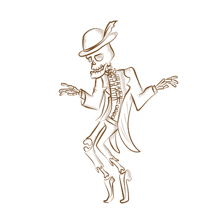 Dancing sceleton.Engraved hand drawn vector illustration. Isolated on white background. Could be used for Halloween decoration, prints, greeting card or invitation.のイラスト素材