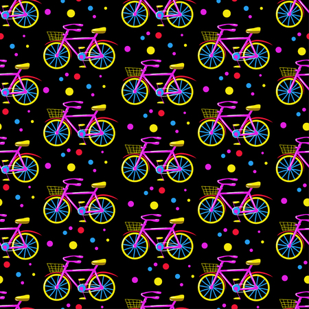 Cute seamless vector pattern with bicycles. Trendy ornament based on hand drawn elements. Fully editable, isolated dark background. Great choice for fabric, textile, wallpaper, wrapping paper etc.のイラスト素材