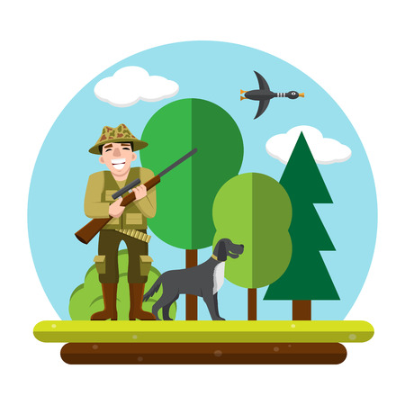 Colorful vector illustration of happy hunter with a gun and a dog in the forest. Flat design. Cartoon male character hunting the ducks.のイラスト素材