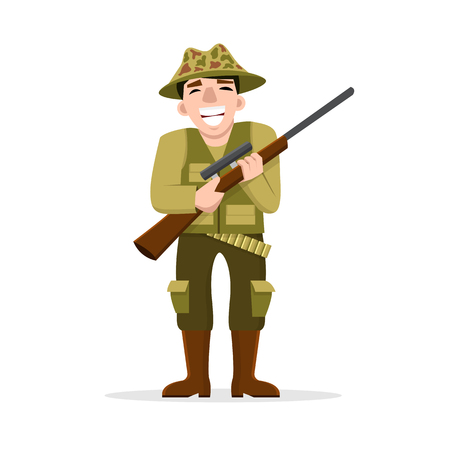 Vector illustration of happy hunter with a gun isolated on white. Flat design. Cartoon male character. A rifleman in khaki.のイラスト素材