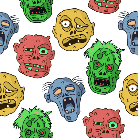 Funny colorful seamless pattern with cartoon halloween zombie facesのイラスト素材