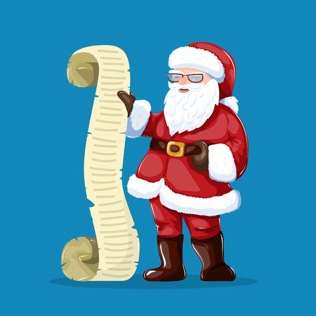 Santa Claus holding a rolling wishlist. Christmas or New Year illustration. Colorful vector art. Excellent choice for holiday greeting postcard, poster or banner.のイラスト素材