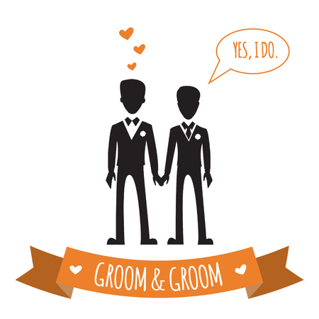 Gay couple. Vector illustration isolated on white. Same-sex family.  Male homosexual characters. Design for wedding invitation.のイラスト素材