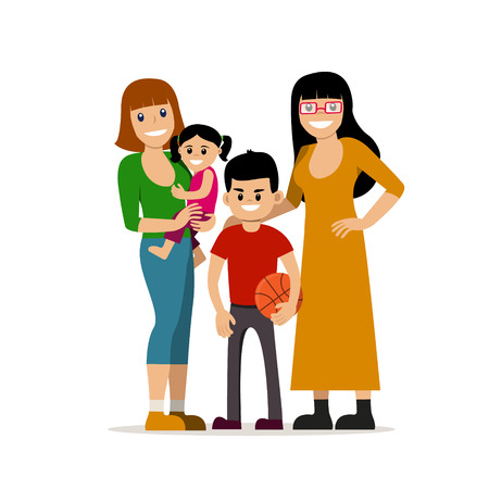 Female gay couple with kids. Same-sex family. Happy homosexual spouses holding a baby. Vector art isolated on art. Cartoon design.のイラスト素材