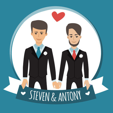 Gay couple. Vector illustration isolated on white. Same-sex family.  Male homosexual characters. Design for wedding invitation.のイラスト素材