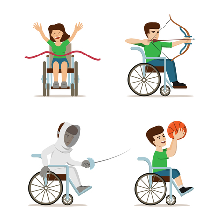 Set of vector illustration with disabled athletes. Concept for games and sport activities - archery, triathlone, fencing, basketball. Handicapped sportsmen. Flat design.のイラスト素材